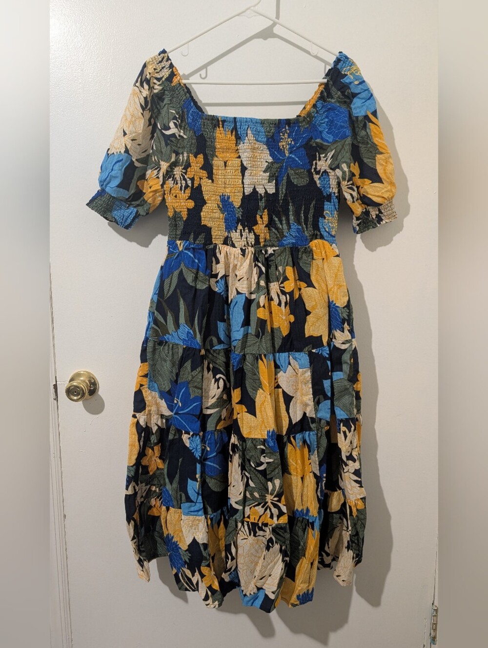 Lands' End Black Floral Smocked Midi Dress with Blue & Yellow Blooms Size S